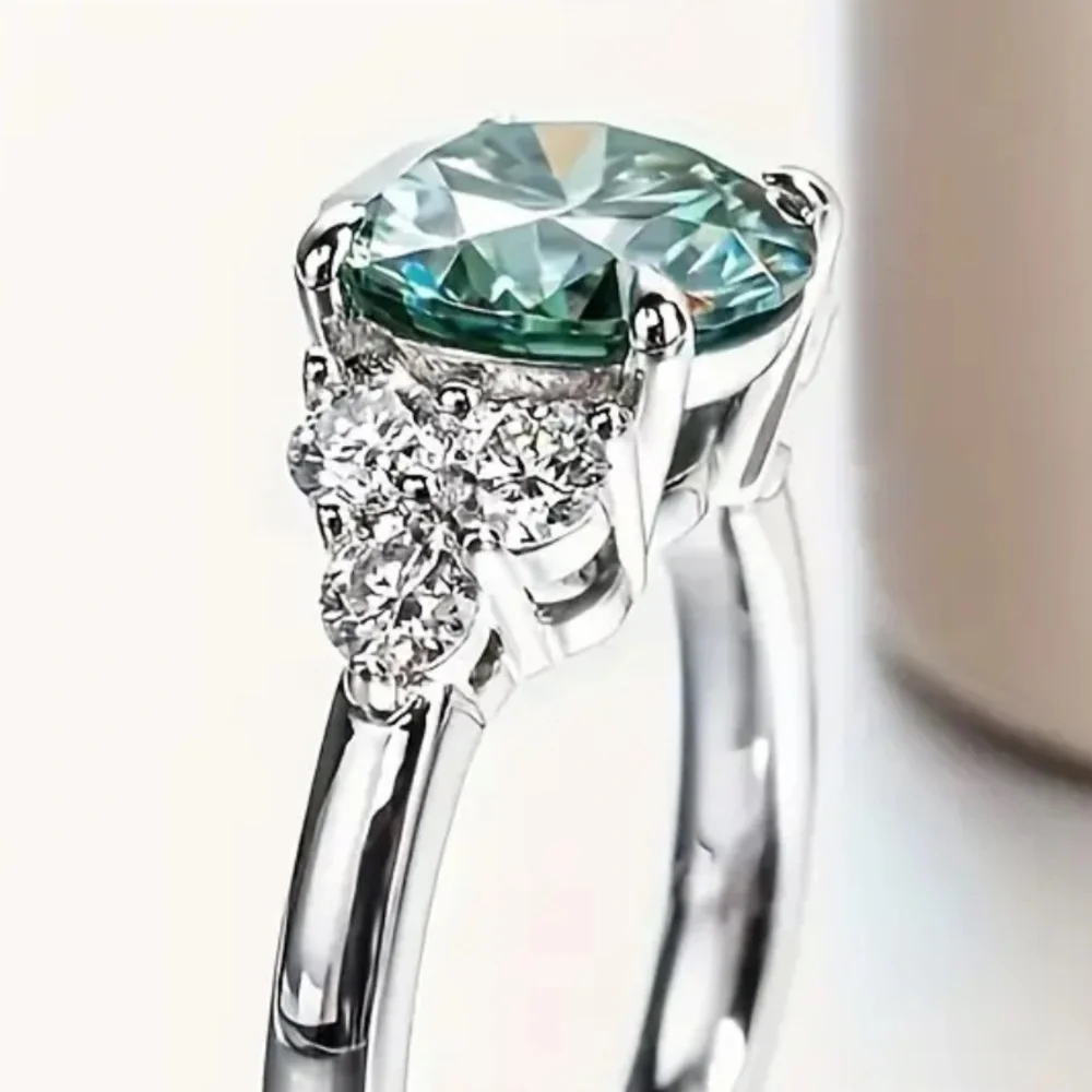 Seawater Blue Zircon Ring Round Cut Silver Tone Engagement Style Statement Ring